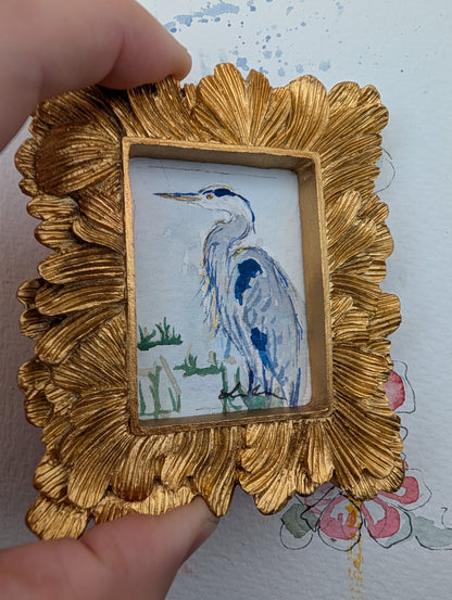 Mini Blue Heron Painting - Original Watercolor Art by Lora Cavallin