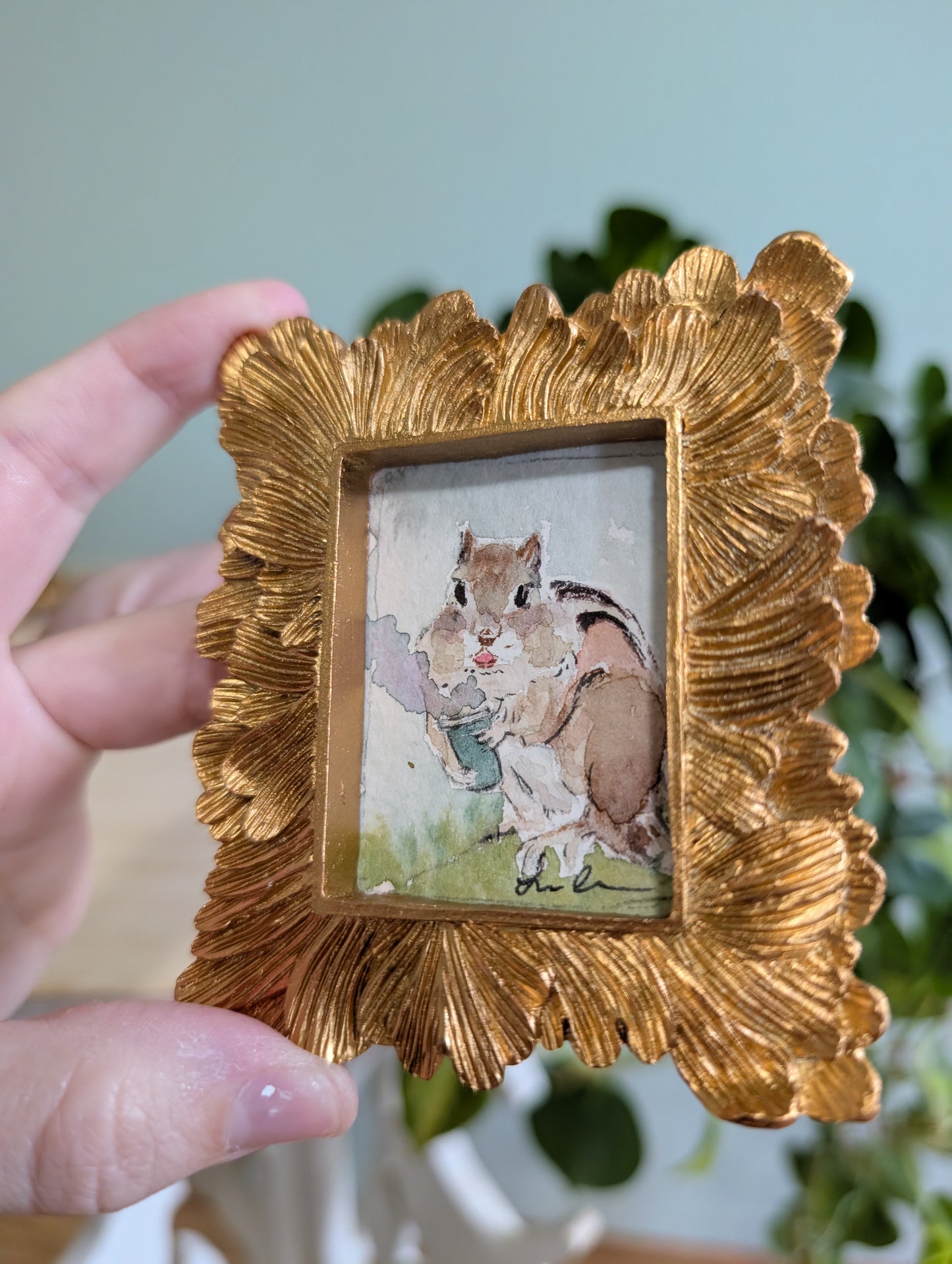 Mini Chipmunk with Coffee Painting - Original Watercolor Art by Lora Cavallin