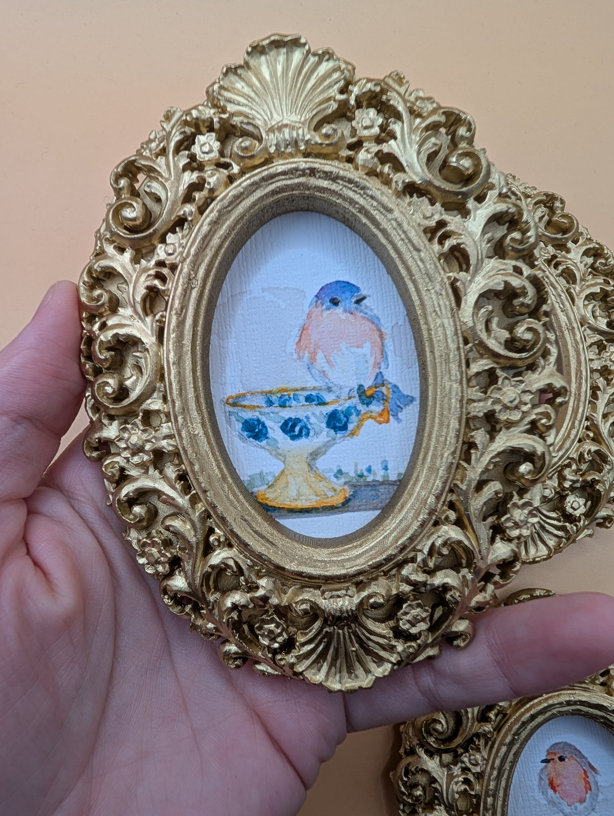 Small Birds on Teacups Art Print Set of Three - With Gold Frames - Watercolor Design