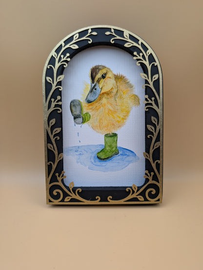 Duck Playing in Puddle Print - Arched Framed Print