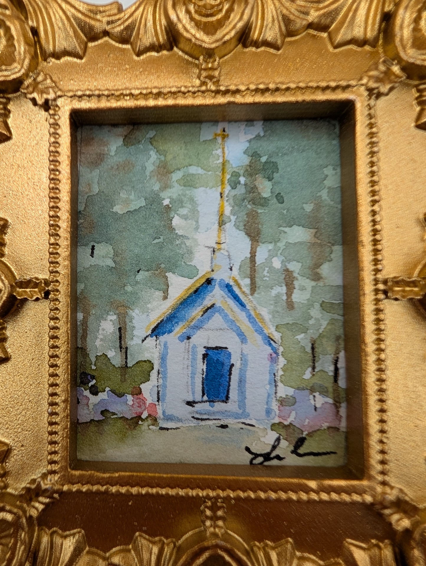 Mini Church Painting - Original Watercolor Art by Lora Cavallin
