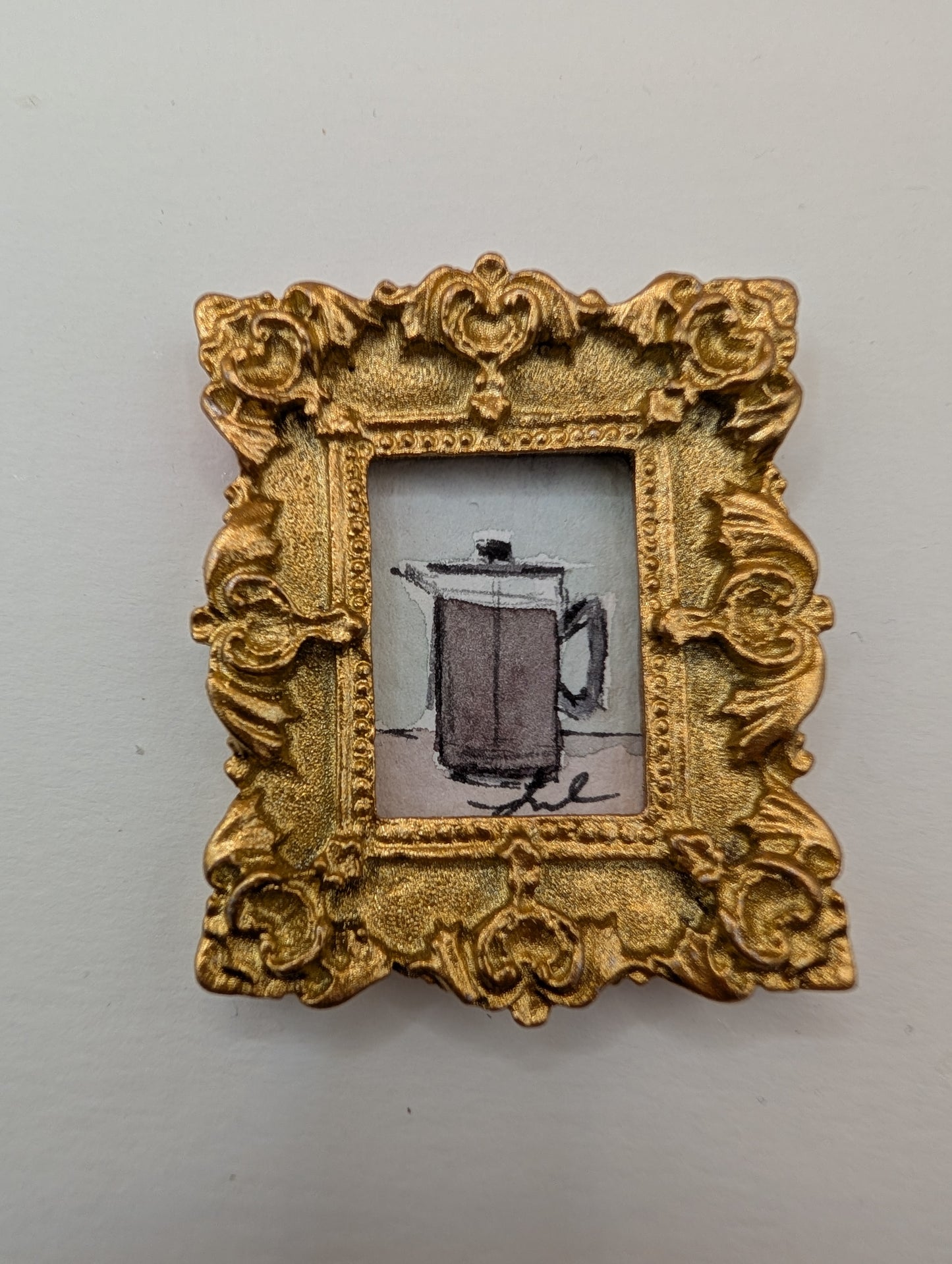 Mini French Press Coffee Pot Painting - Original Watercolor Art by Lora Cavallin