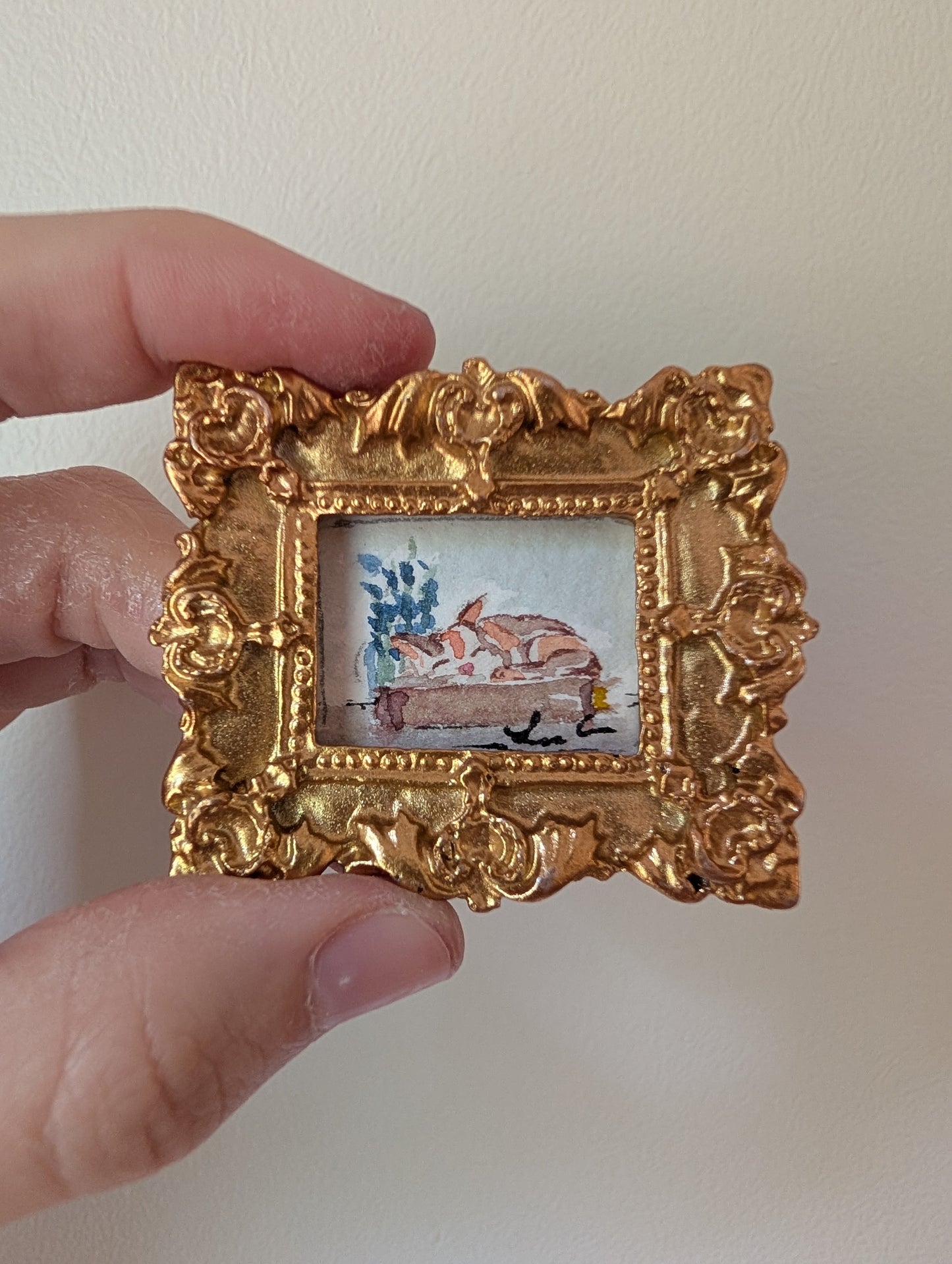 Mini Sleeping Cat Painting - Original Watercolor Art by Lora Cavallin