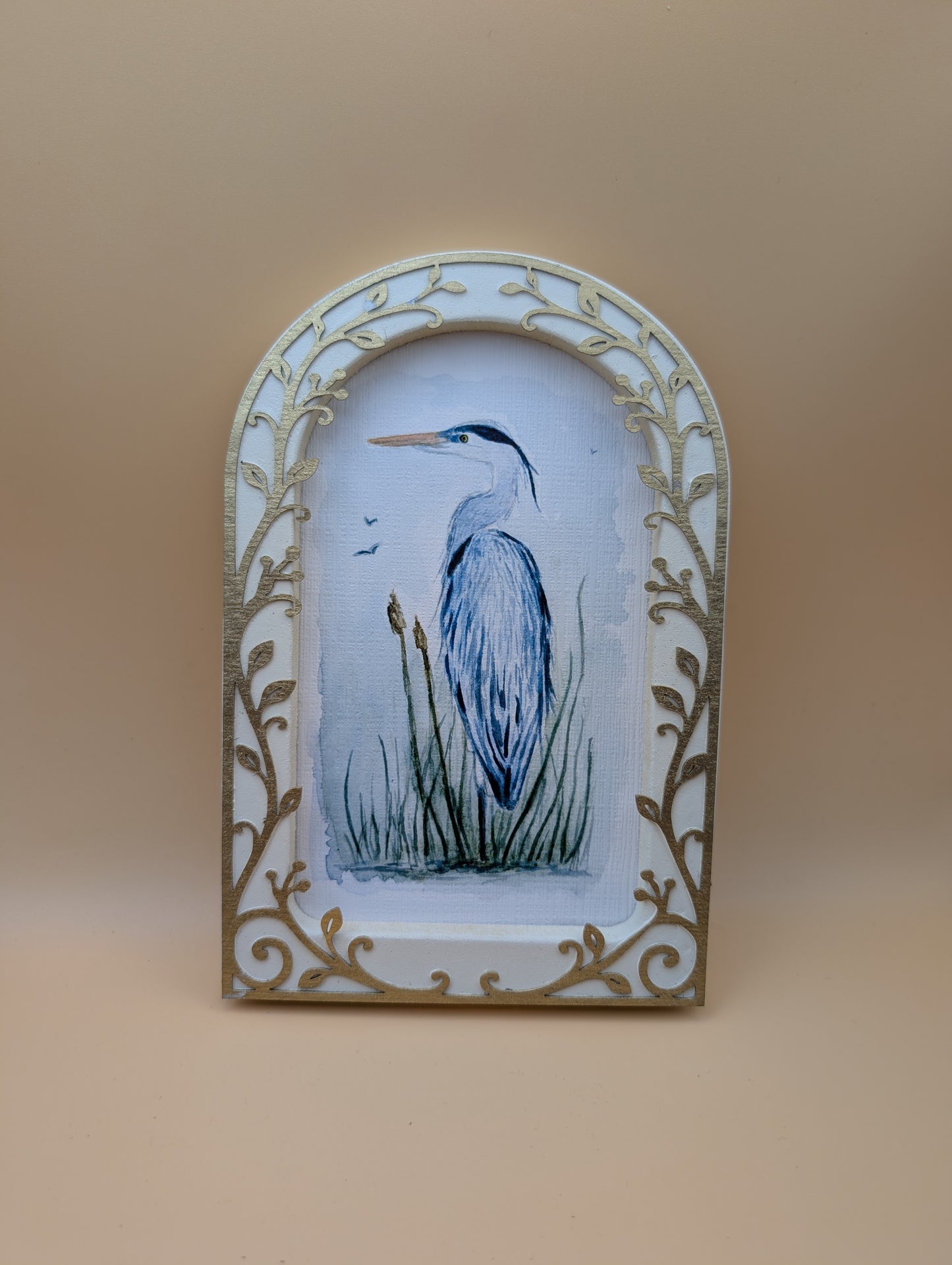 Blue Heron in Reeds - Arched Frame