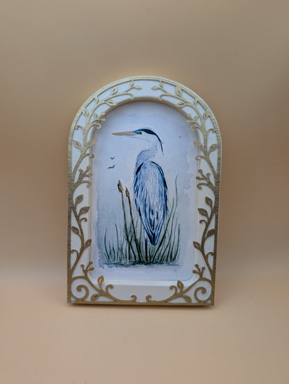 Blue Heron in Reeds - Arched Frame