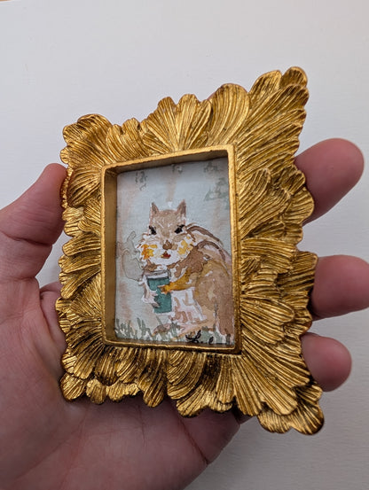 Mini Chipmunk with Coffee Painting - Original Watercolor Art by Lora Cavallin