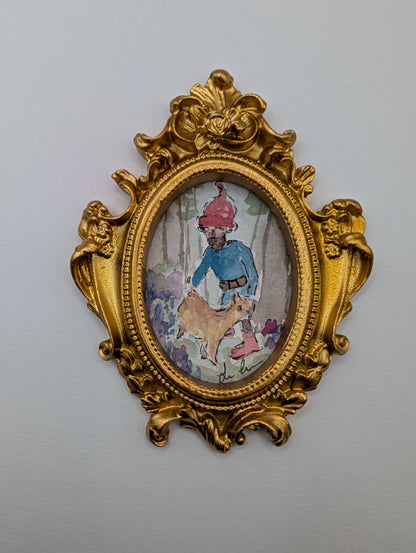 Mini Forrest Gnome with Cat Painting - Original Watercolor Art by Lora Cavallin