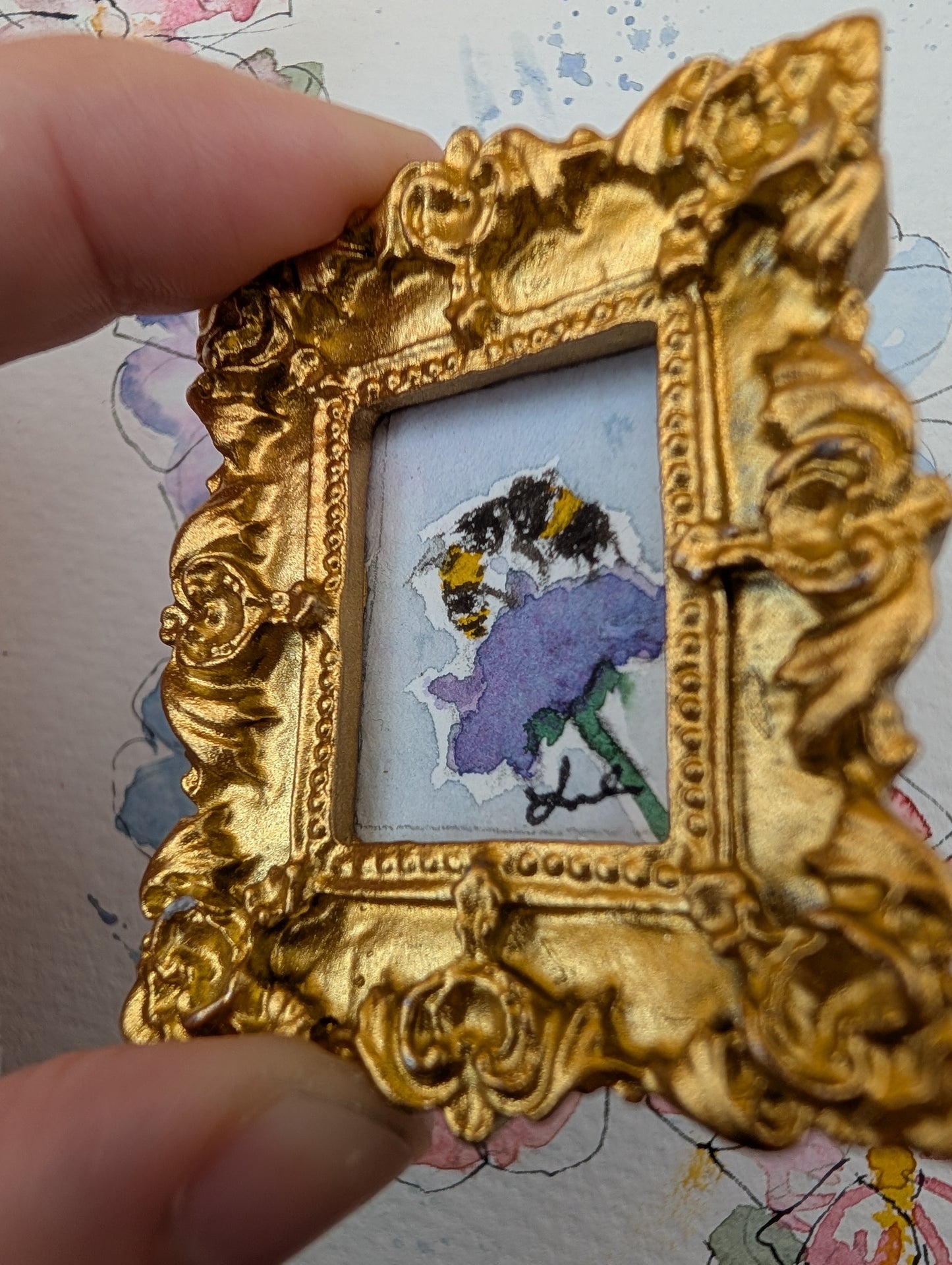 Mini Bee on Flower Painting - Original Watercolor Art by Lora Cavallin