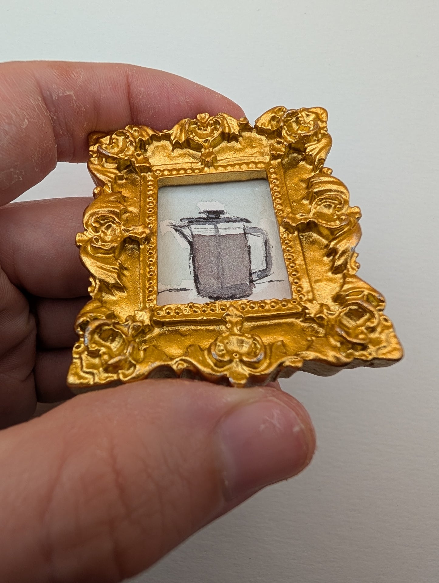 Mini French Press Coffee Painting - Original Watercolor Art by Lora Cavallin