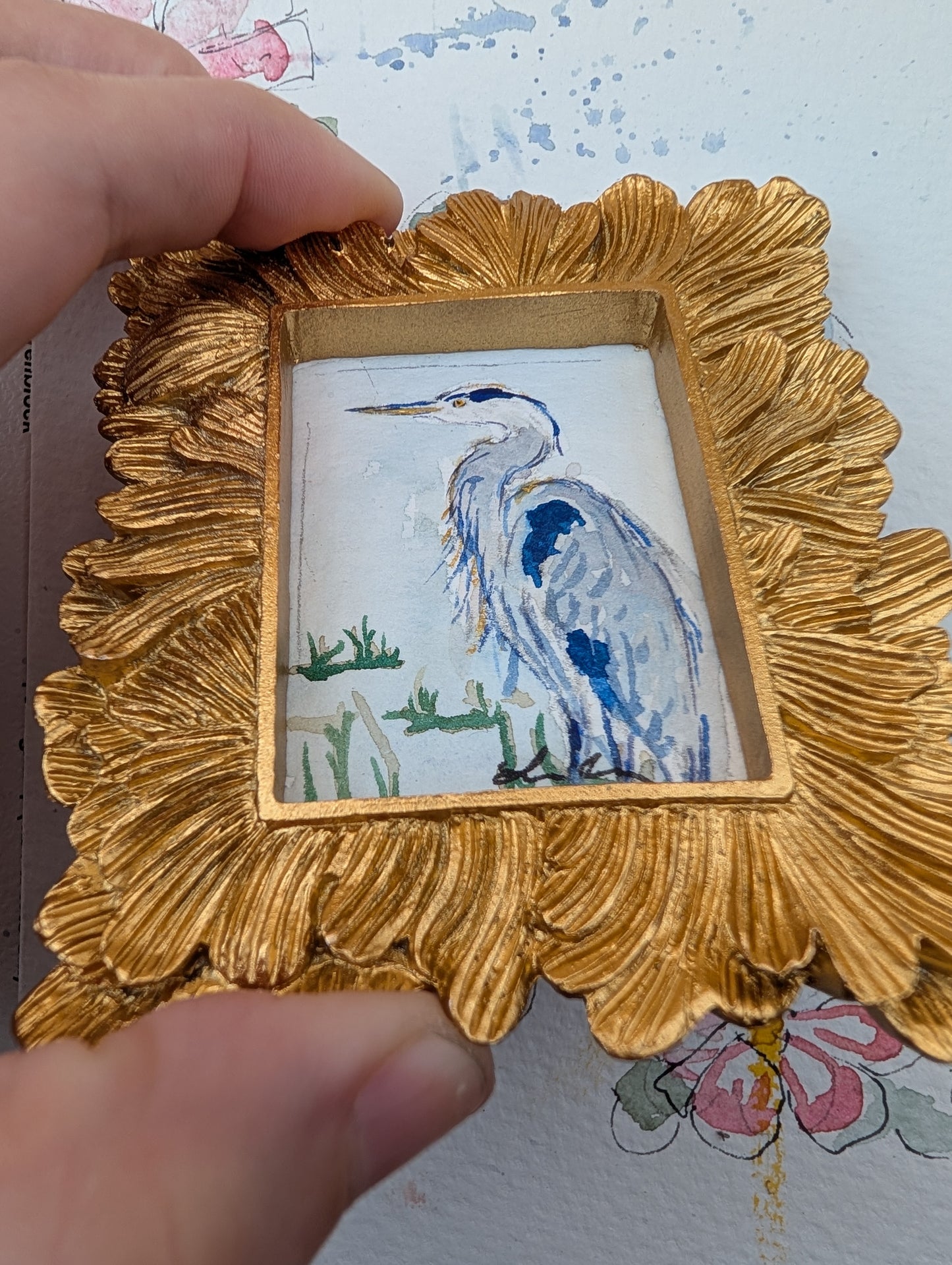Mini Blue Heron Painting - Original Watercolor Art by Lora Cavallin