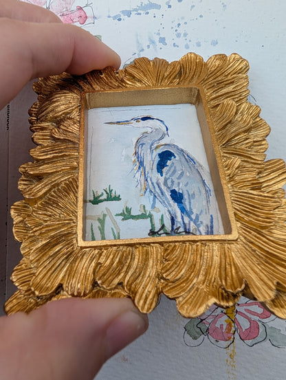 Mini Blue Heron Painting - Original Watercolor Art by Lora Cavallin