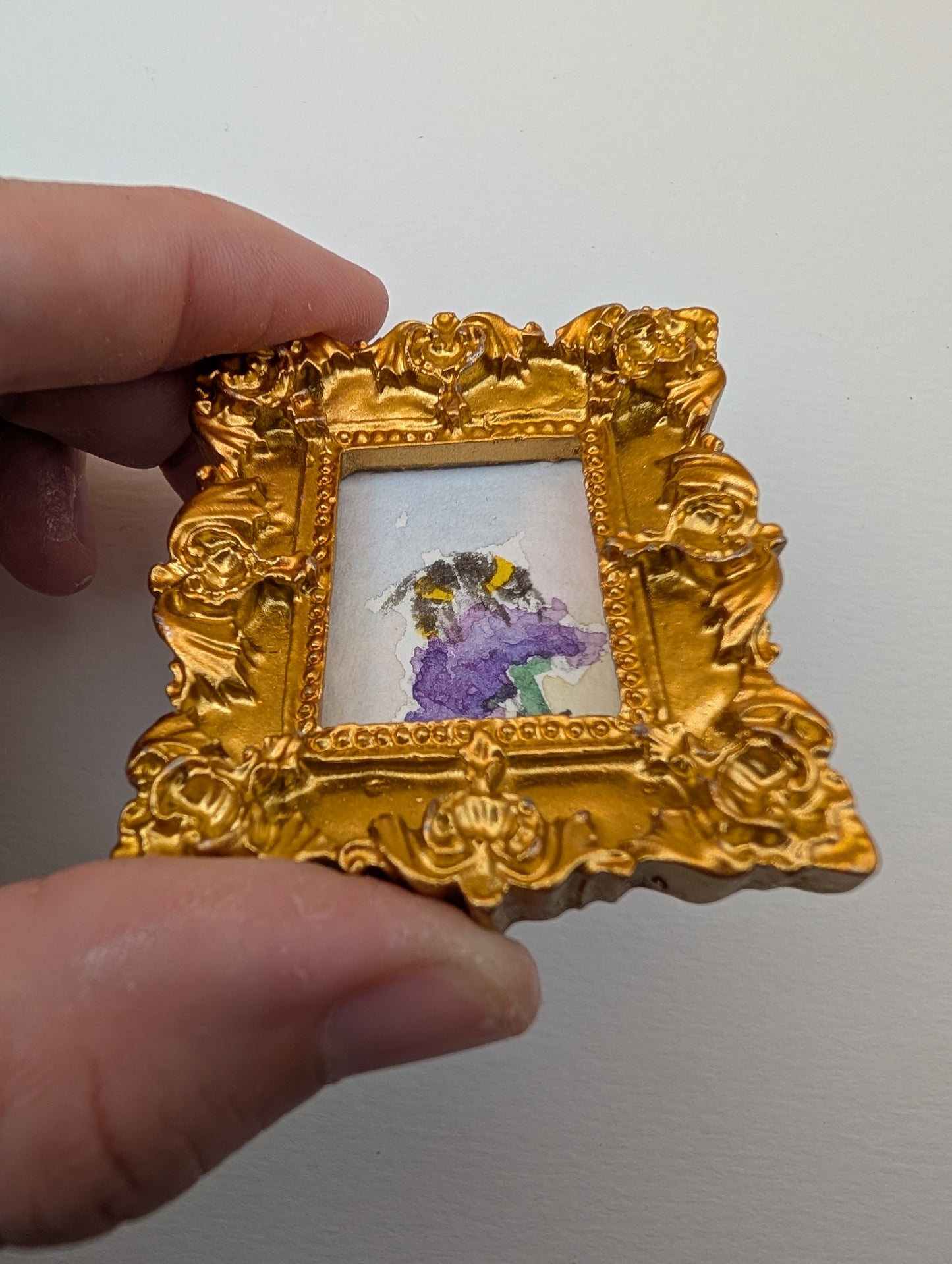 Mini Bee on Flower Painting - Original Watercolor Art by Lora Cavallin