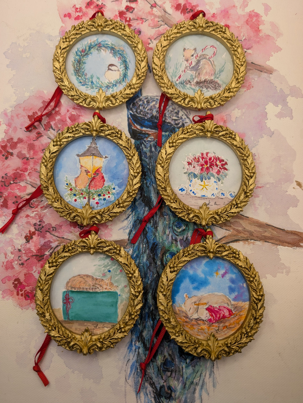 All six Christmas Friends ornaments hanging together