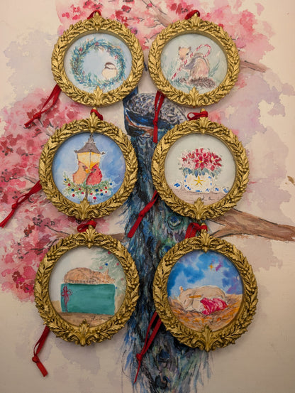 All six Christmas Friends ornaments hanging together
