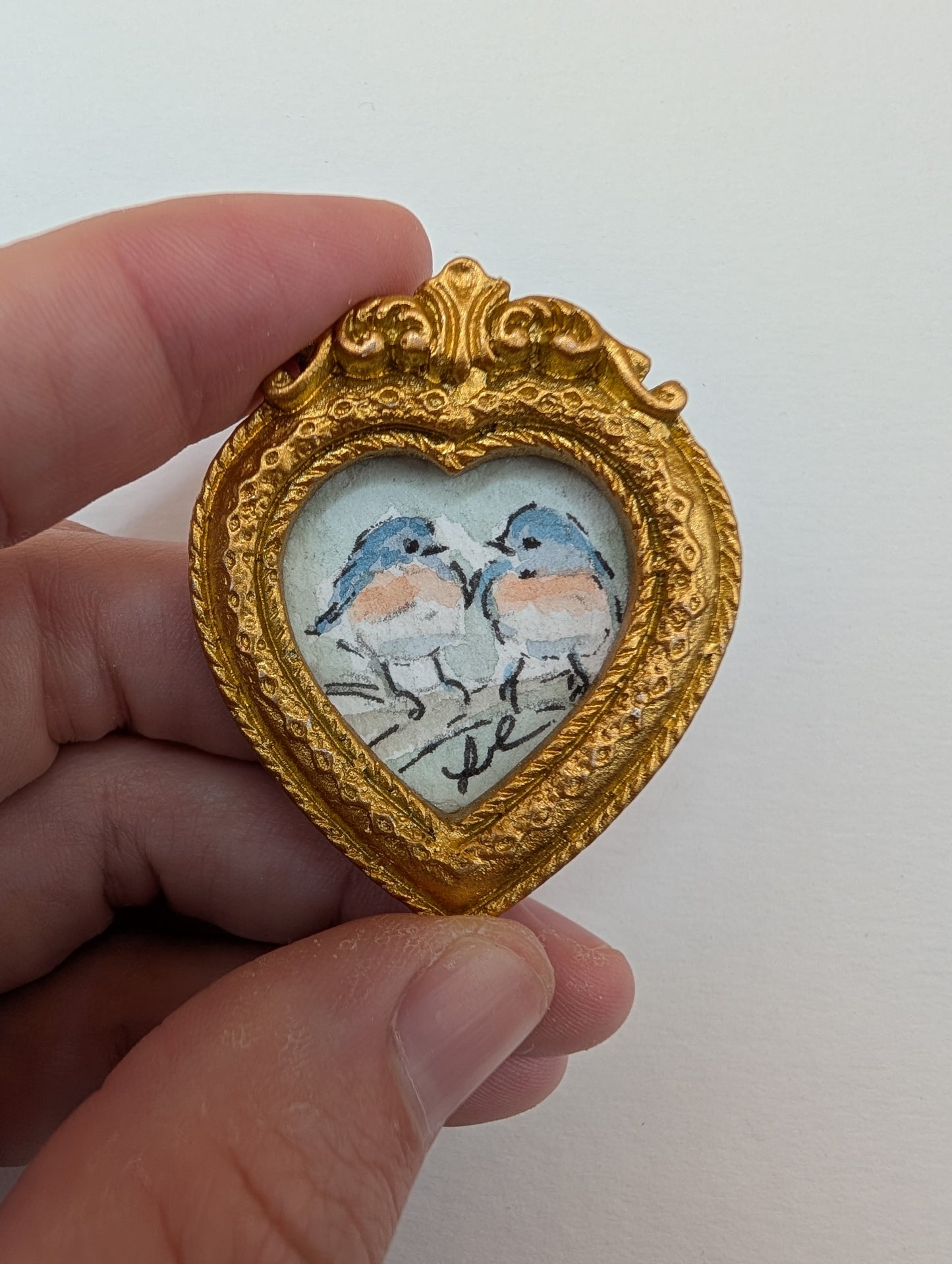 Mini Bluebirds in Love Painting - Original Watercolor Art by Lora Cavallin