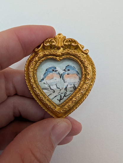 Mini Bluebirds in Love Painting - Original Watercolor Art by Lora Cavallin