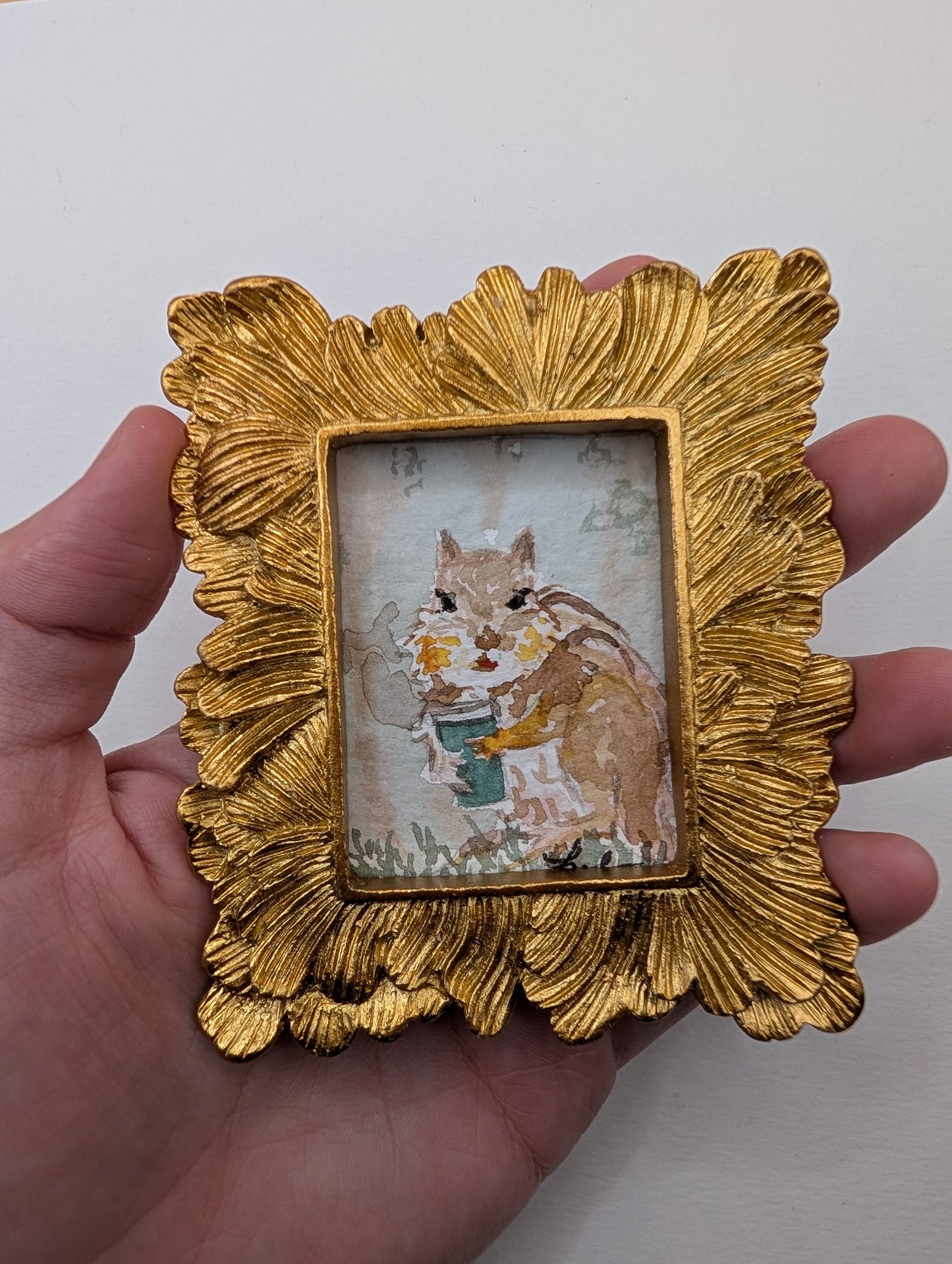 Mini Chipmunk with Coffee Painting - Original Watercolor Art by Lora Cavallin