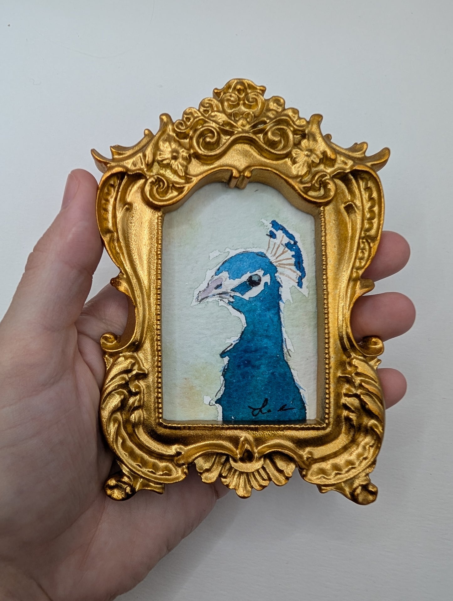Mini Peacock Painting - Original Watercolor Art by Lora Cavallin