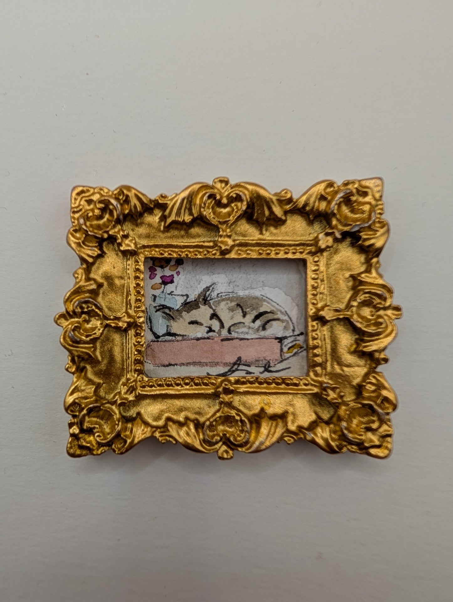 Mini Sleeping Cat Painting - Original Watercolor Art by Lora Cavallin