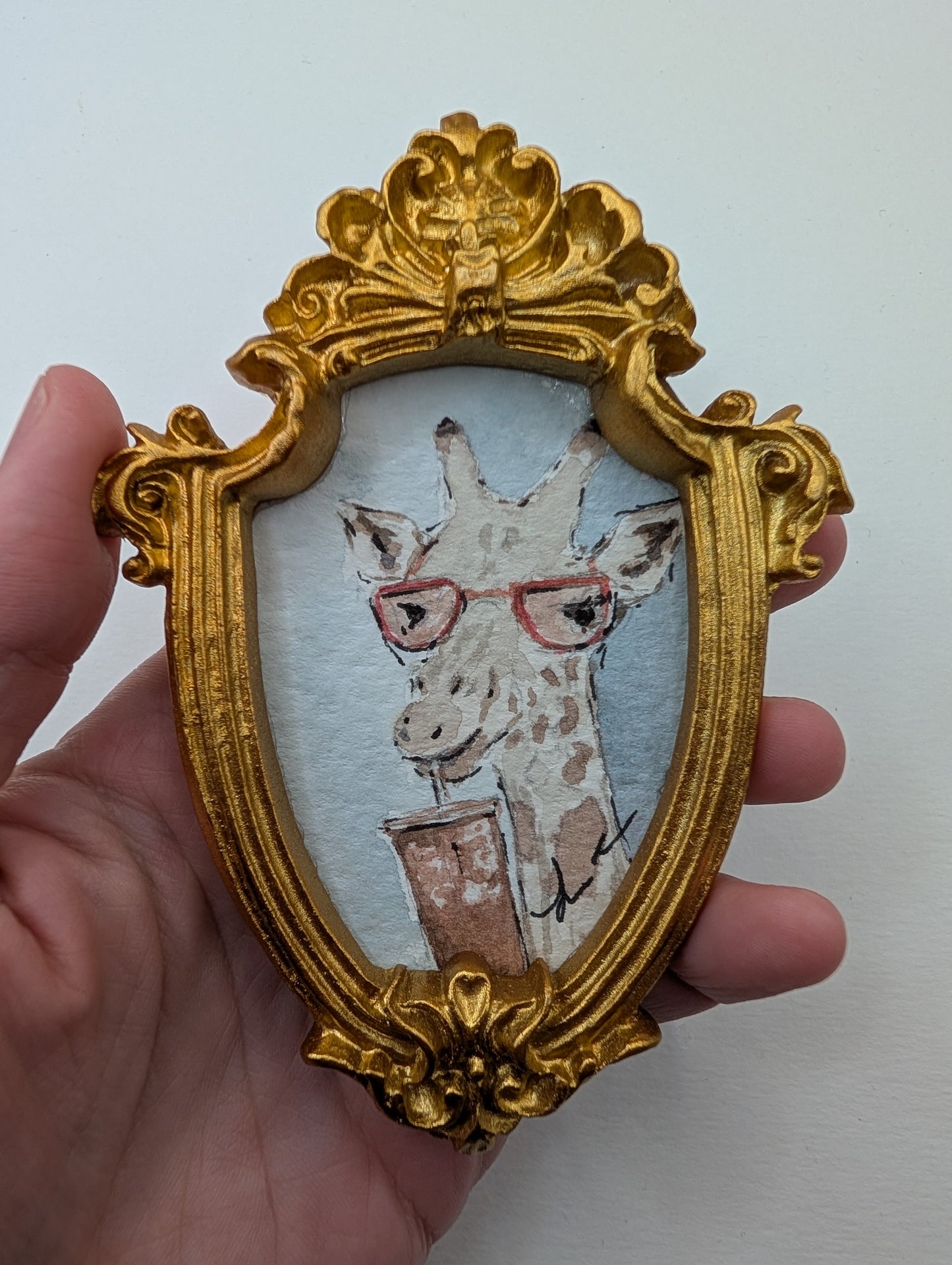 Mini Giraffe with Glasses and Drink Painting - Original Watercolor Art by Lora Cavallin