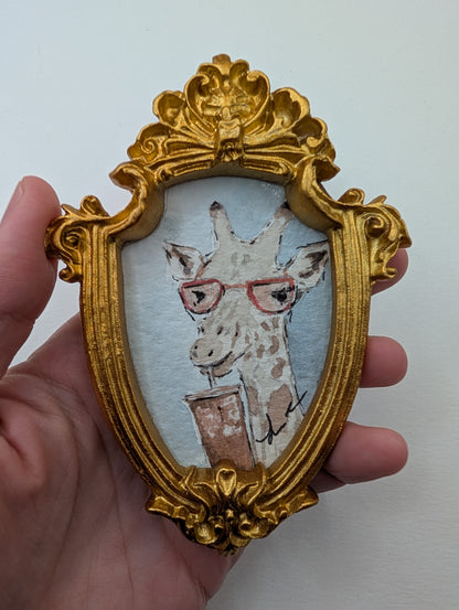 Mini Giraffe with Glasses and Drink Painting - Original Watercolor Art by Lora Cavallin
