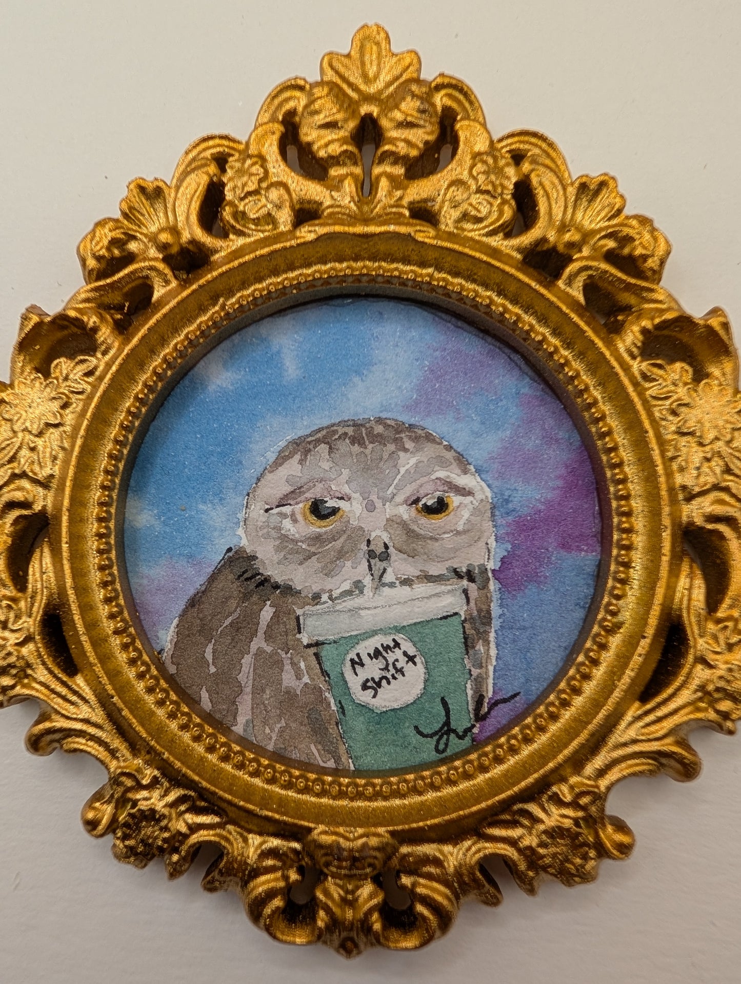 Mini Owl with "Night Shift" Coffee Painting - Original Watercolor Art by Lora Cavallin