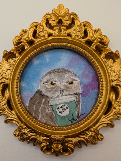Mini Owl with "Night Shift" Coffee Painting - Original Watercolor Art by Lora Cavallin