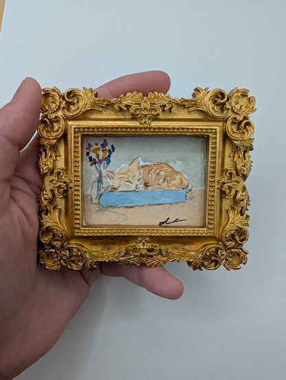 Mini Sleeping Cat Painting - Original Watercolor Art by Lora Cavallin