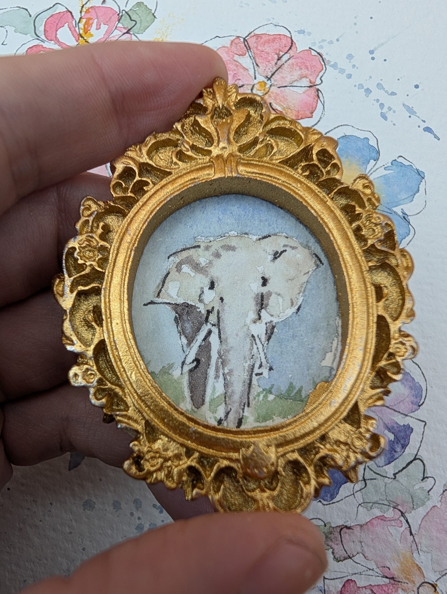 Mini Elephant Painting - Original Watercolor Art by Lora Cavallin