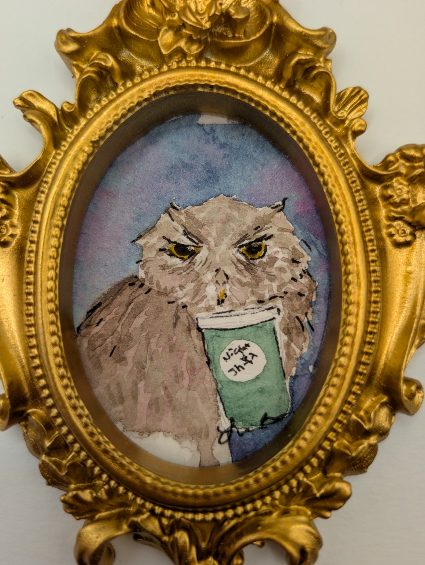 Mini Owl with "Night Shift" Coffee Painting - Original Watercolor Art by Lora Cavallin