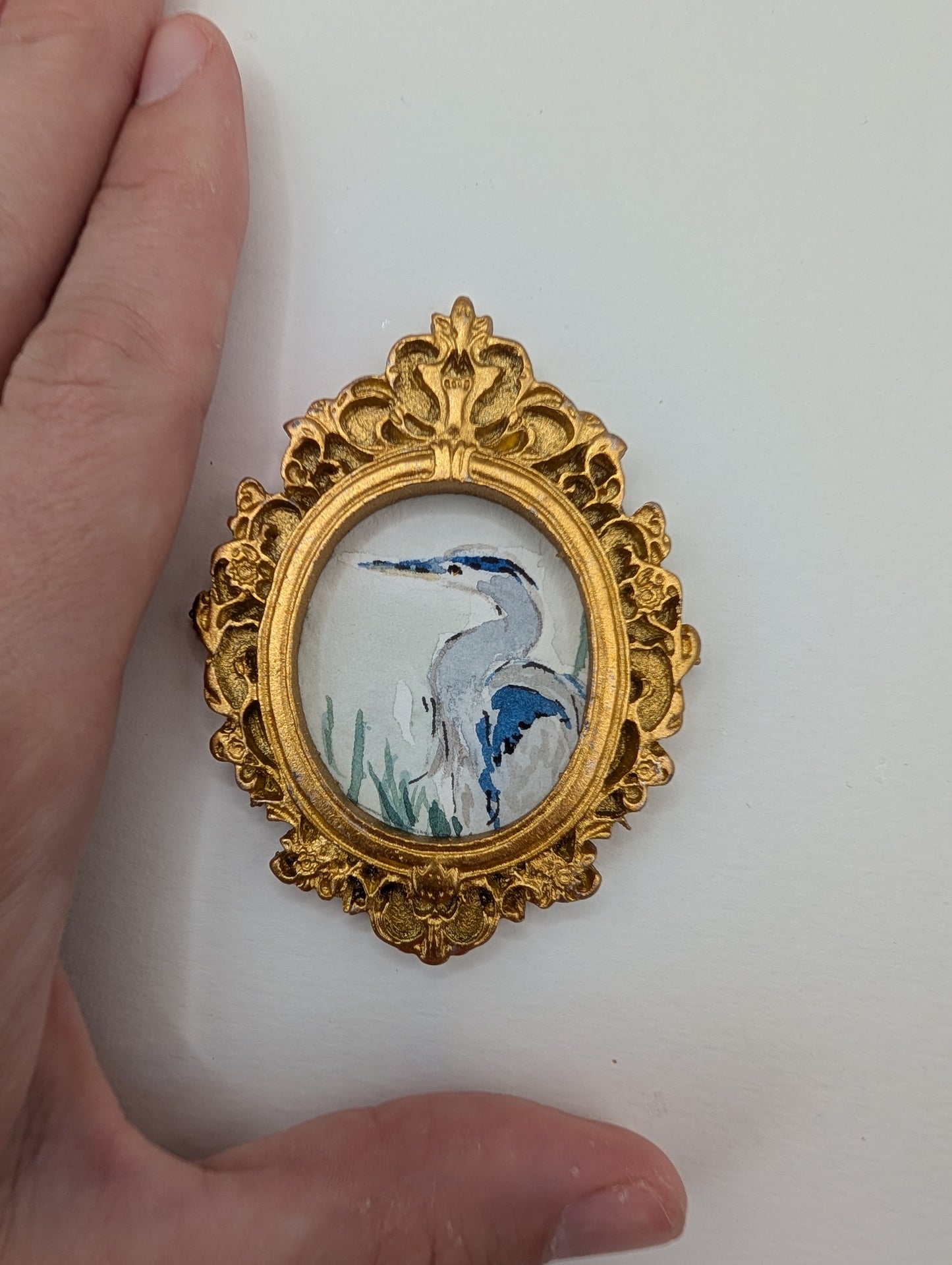 Mini Blue Heron Painting - Original Watercolor Art by Lora Cavallin