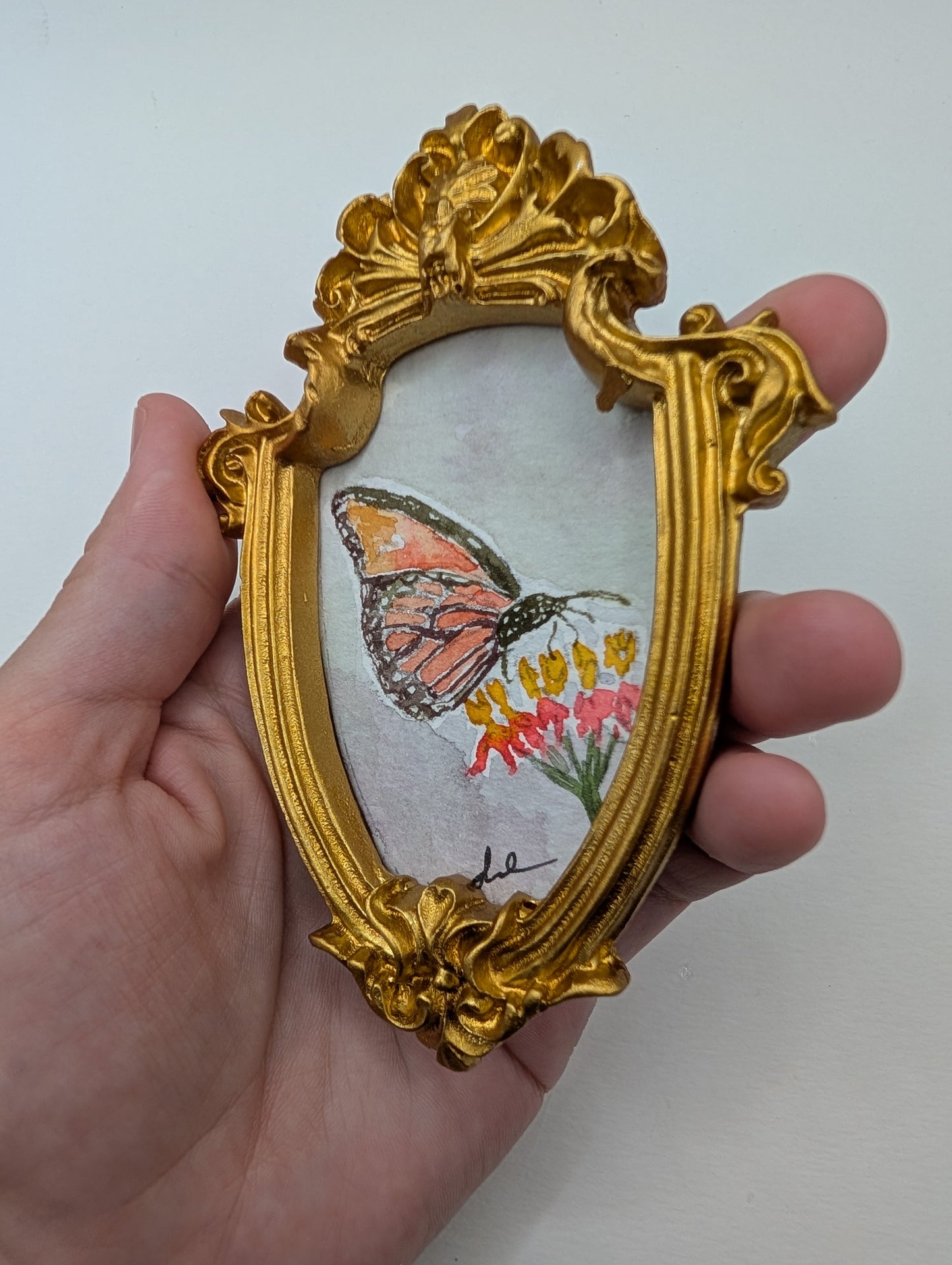 Mini Butterfly on Flower Painting - Original Watercolor Art by Lora Cavallin