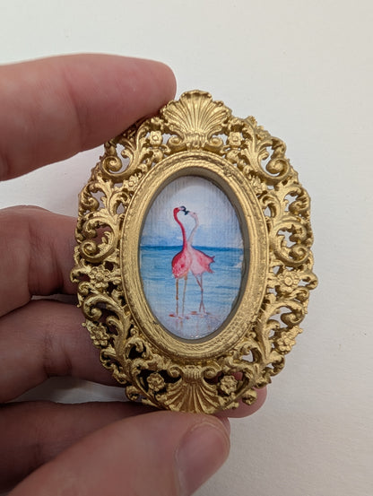 Tiny Flamingos in Love Watercolor Art Print - Dollhouse Size - With Gold Frame