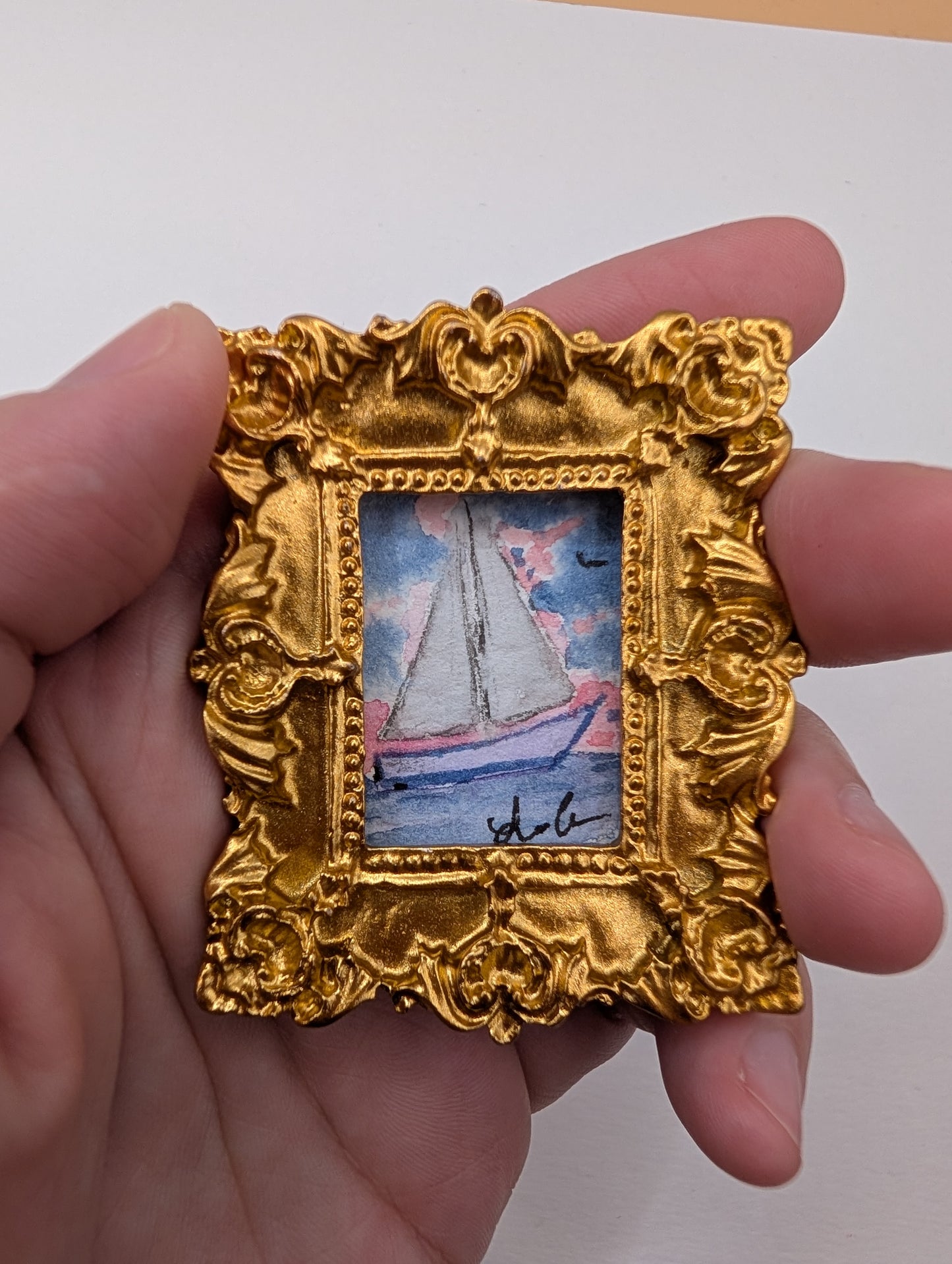 Mini Sailboat at Sunset Painting - Original Watercolor Art by Lora Cavallin