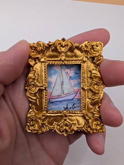 Mini Sailboat at Sunset Painting - Original Watercolor Art by Lora Cavallin