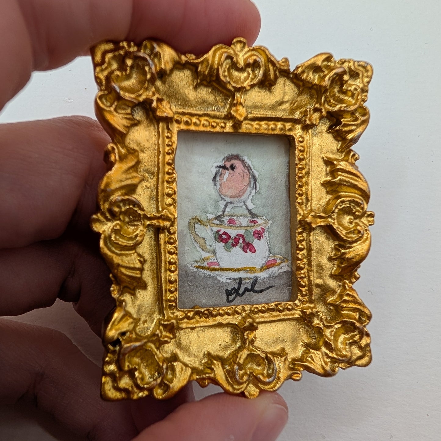 Mini Robin Bird on Teacup Painting - Original Watercolor Art by Lora Cavallin