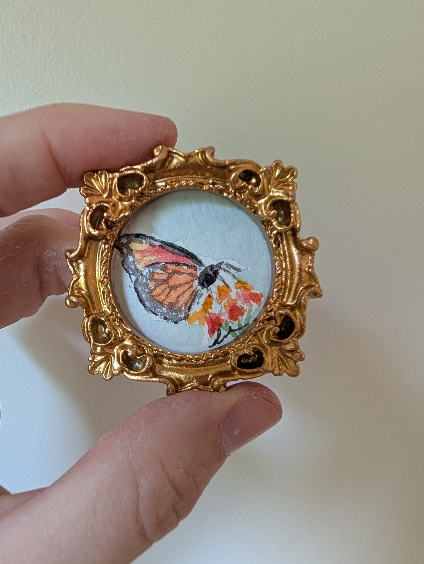 Mini Butterfly on Flower Painting - Original Watercolor Art by Lora Cavallin