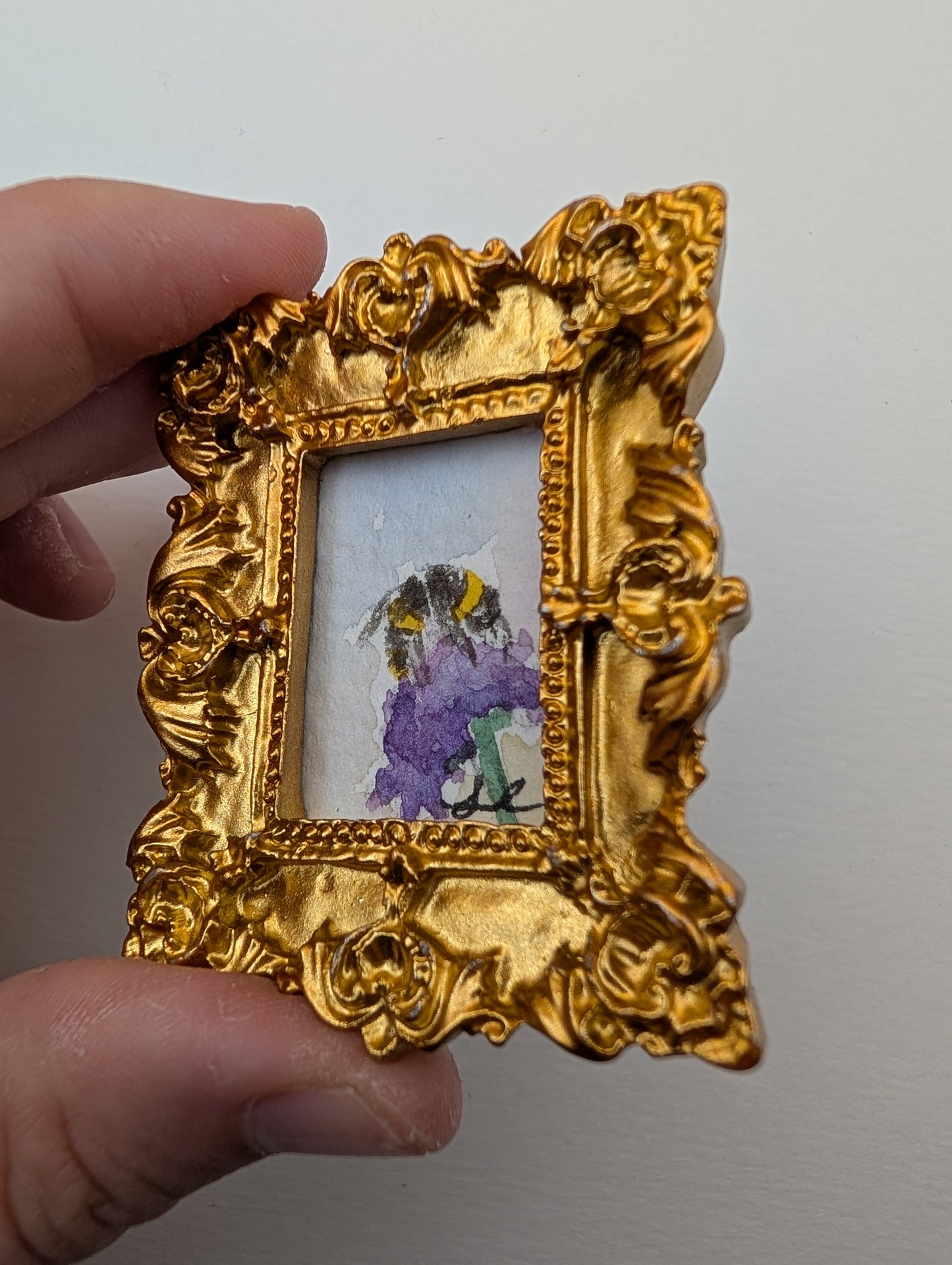 Mini Bee on Flower Painting - Original Watercolor Art by Lora Cavallin
