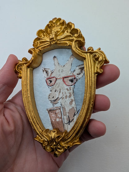 Mini Giraffe with Glasses and Drink Painting - Original Watercolor Art by Lora Cavallin