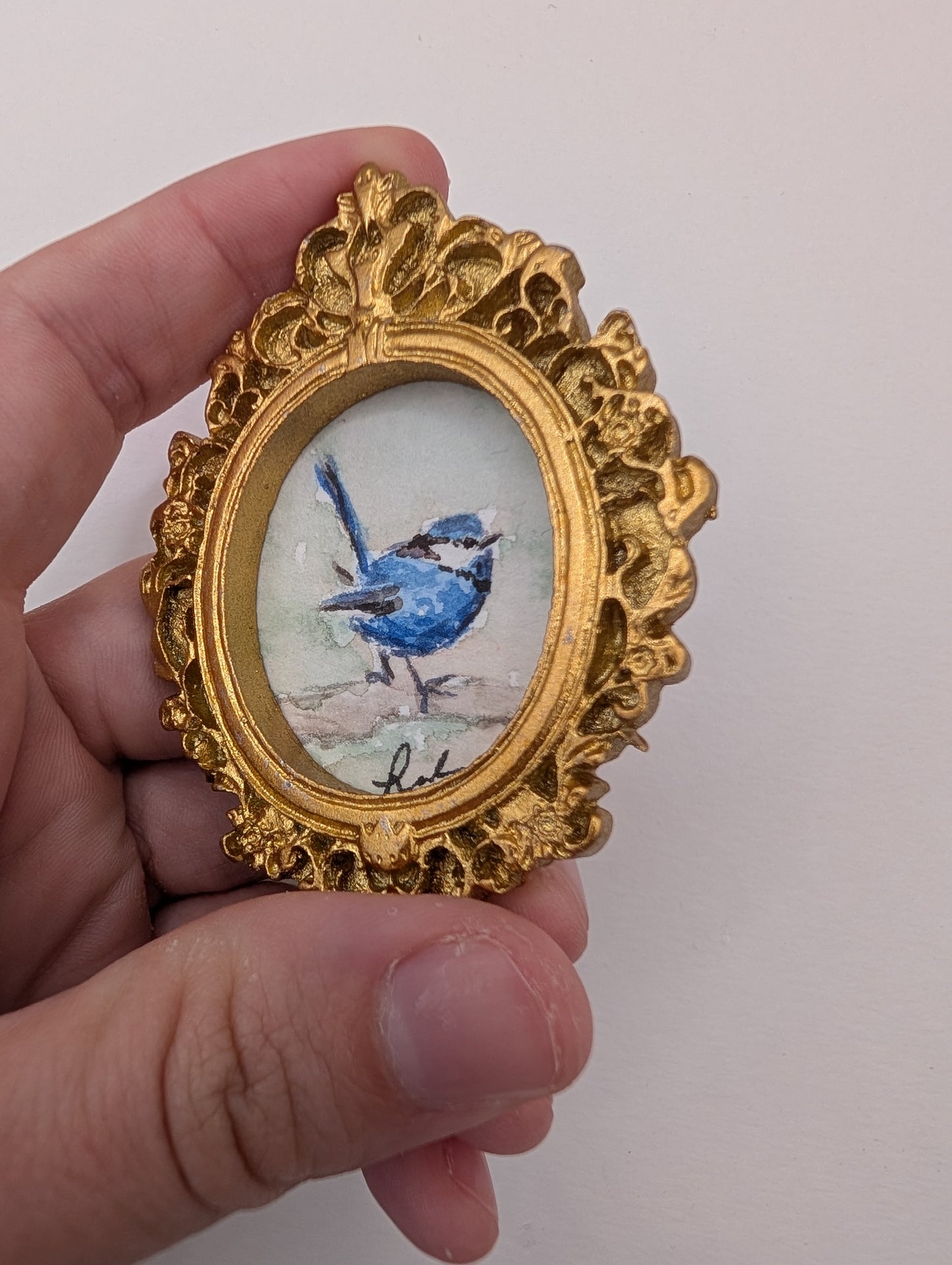 Mini Blue Fairy Wren Bird Painting - Original Watercolor Art by Lora Cavallin