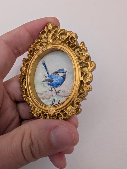 Mini Blue Fairy Wren Bird Painting - Original Watercolor Art by Lora Cavallin