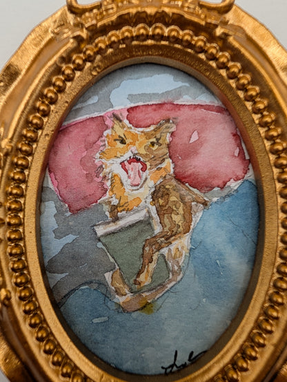 Mini Cranky Cat with Coffee Painting - Original Watercolor Art by Lora Cavallin