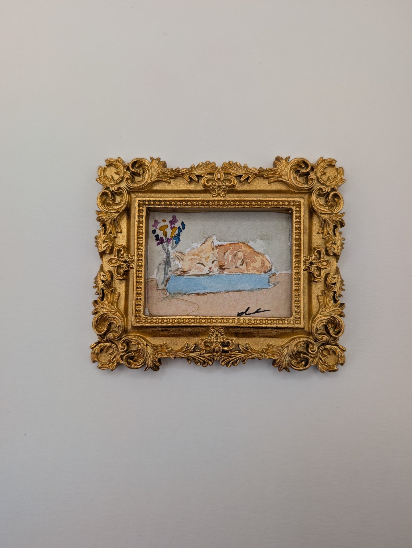Mini Sleeping Cat Painting - Original Watercolor Art by Lora Cavallin
