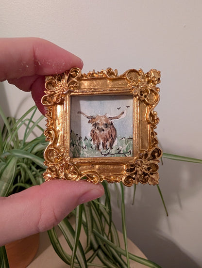 Mini Highland Cow Painting - Original Watercolor Art by Lora Cavallin