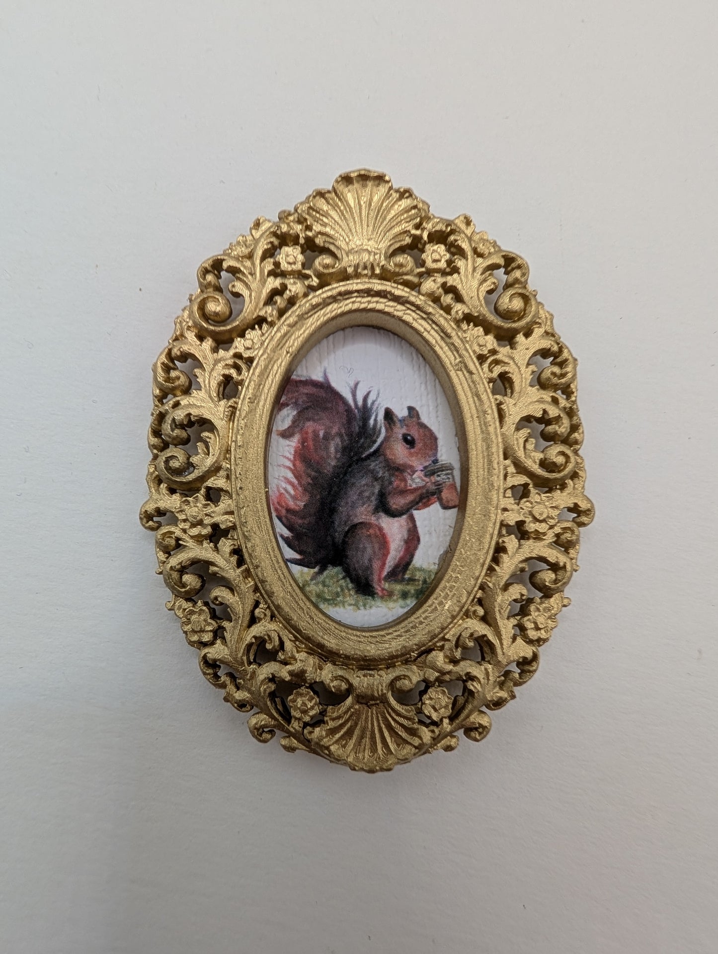 Tiny Squirrel Drinking Coffee Art Print - Dollhouse Size - With Gold Frame