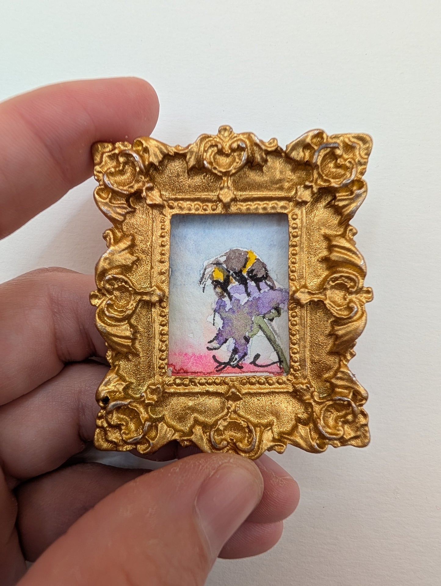 Mini Bee on Flower Painting - Original Watercolor Art by Lora Cavallin