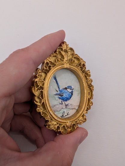Mini Blue Fairy Wren Bird Painting - Original Watercolor Art by Lora Cavallin
