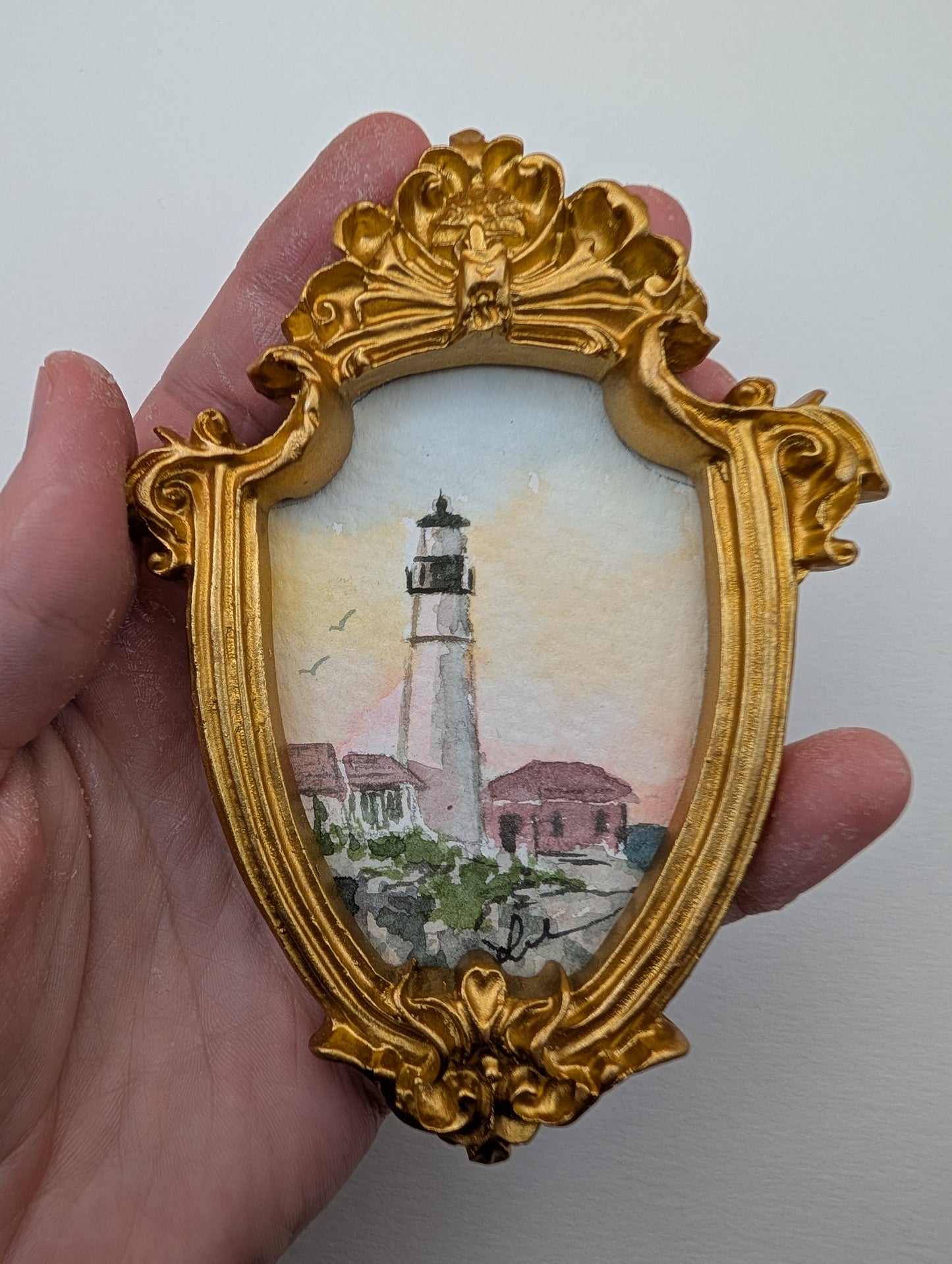Mini Lighthouse Painting - Original Watercolor Art by Lora Cavallin