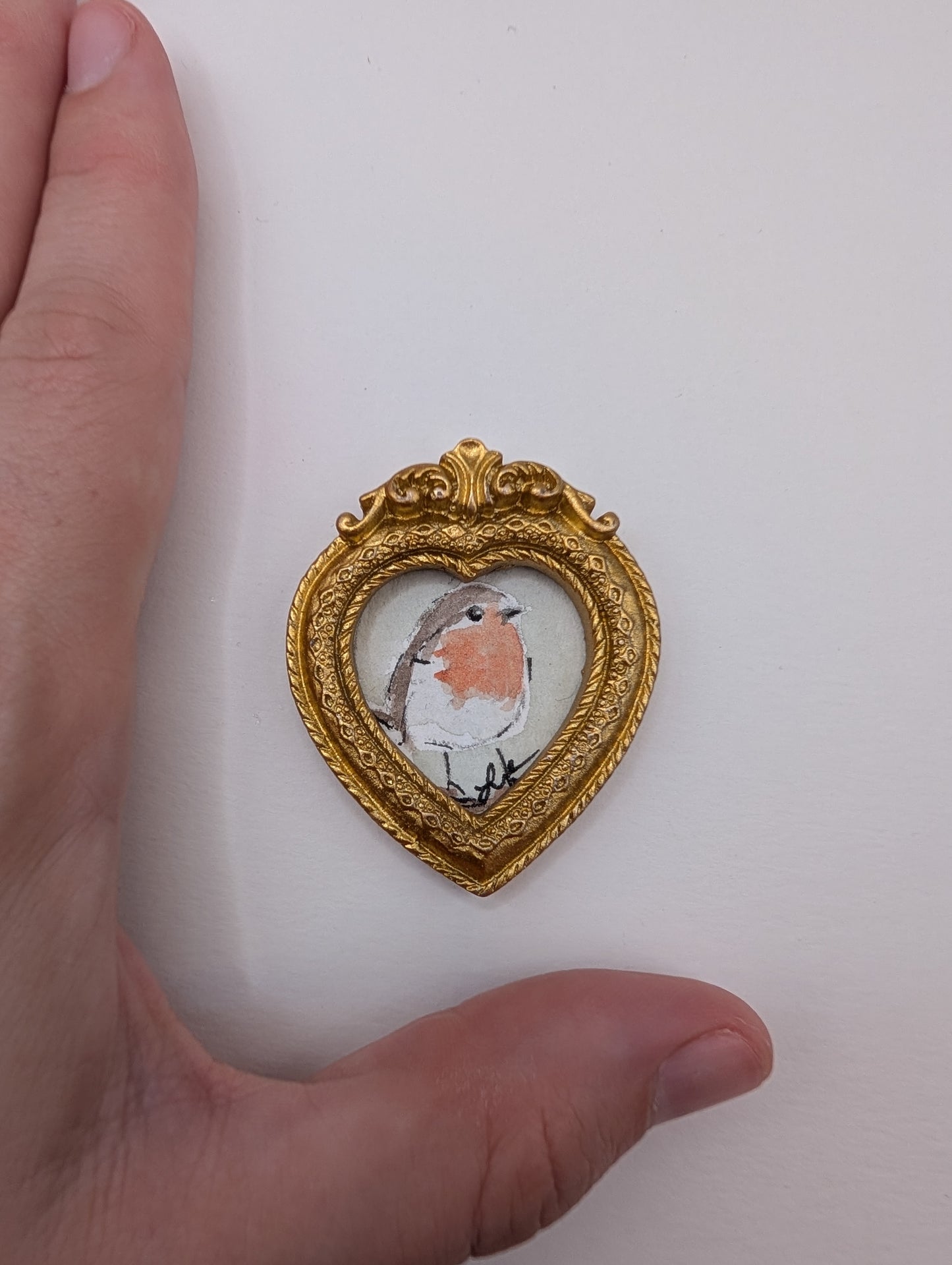 Mini Robin Bird in Heart Frame Painting - Original Watercolor Art by Lora Cavallin