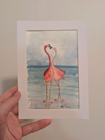 Flamingos in Love Watercolor Painting - 4 x 6" - No Frame, Comes with Mat - Original Art by Lora Cavallin